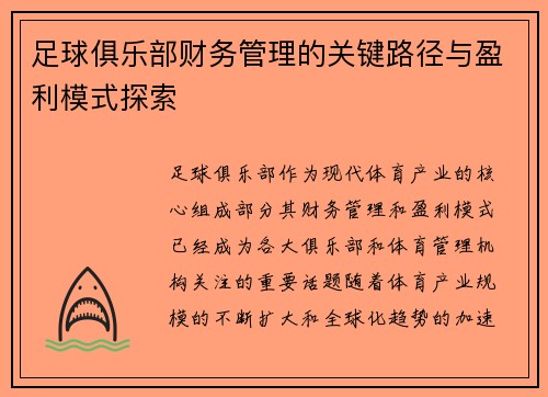 足球俱乐部财务管理的关键路径与盈利模式探索