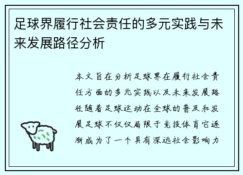 足球界履行社会责任的多元实践与未来发展路径分析