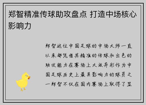 郑智精准传球助攻盘点 打造中场核心影响力 郑智精准传球助攻盘点 打造中场核心影响力