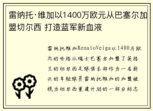 雷纳托·维加以1400万欧元从巴塞尔加盟切尔西 打造蓝军新血液 雷纳托·维加以1400万欧元从巴塞尔加盟切尔西 打造蓝军新血液